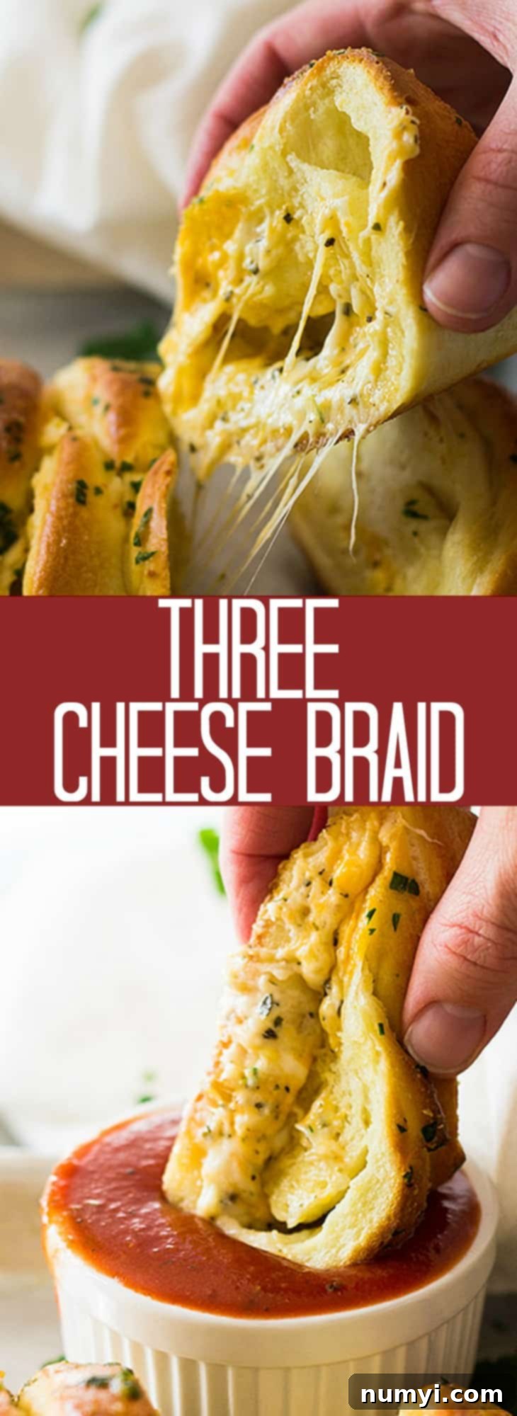 This Three Cheese Braid is filled with lots of ooey gooey cheese all wrapped inside of a homemade pizza dough! Then brushed with melted butter and garlic!! Perfect for appetizers, along side any meal or just for snacking!