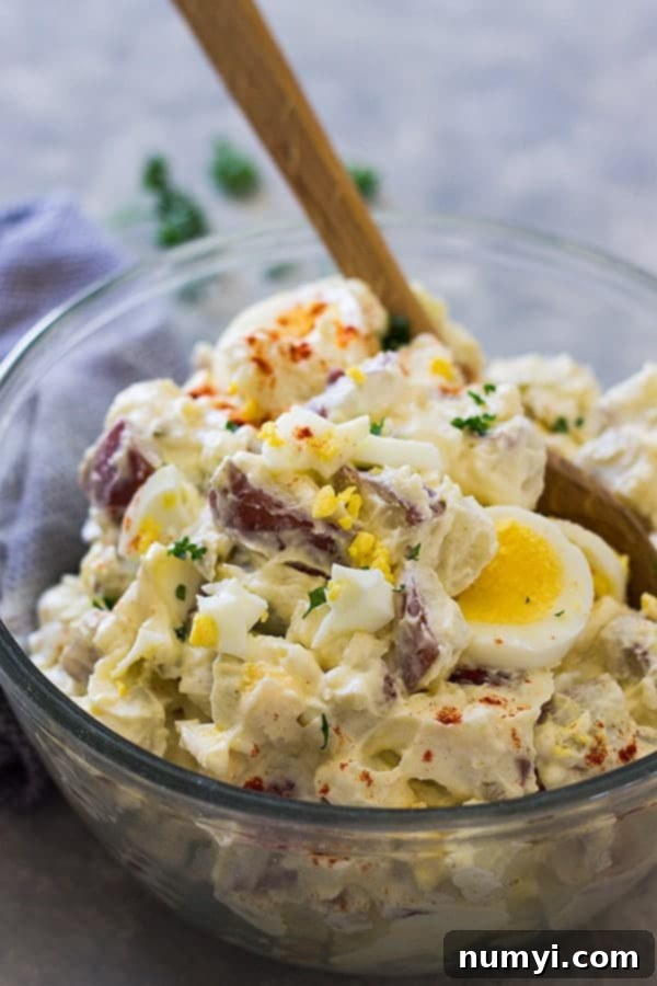 Grandma's Potato Salad 2 A top-down view of a bowl of creamy old-fashioned potato salad, garnished with paprika, with a wooden spoon resting inside. Perfect for summer gatherings.
