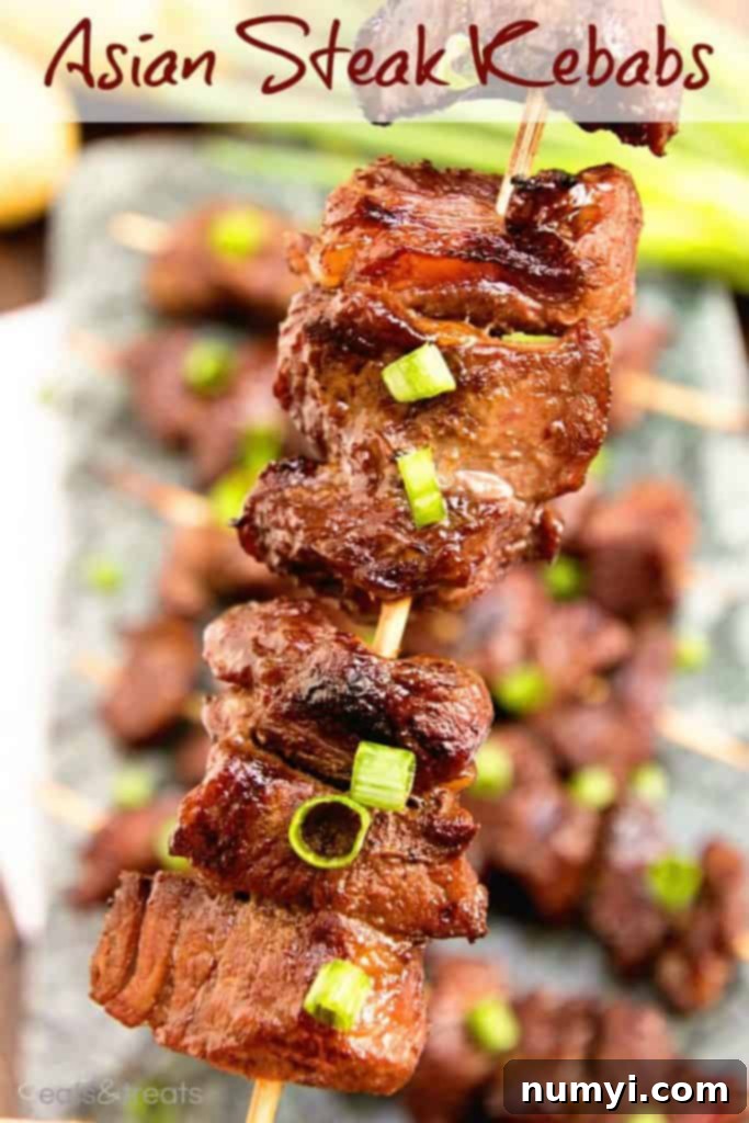 Delicious Asian Steak Kebabs grilled with vegetables
