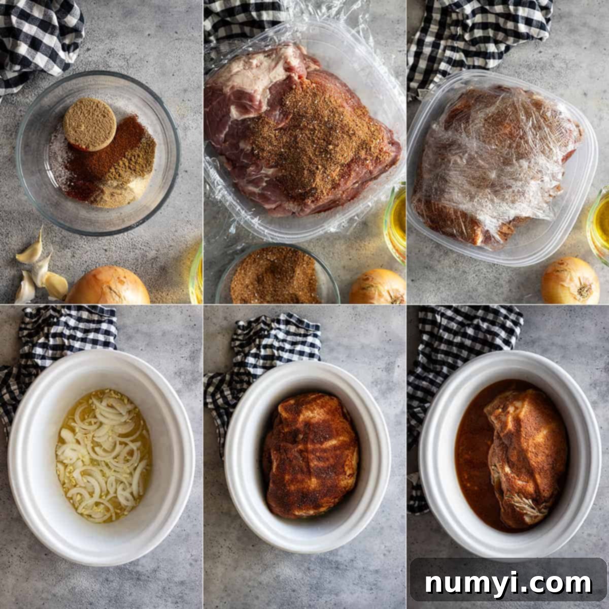 Six pictures showing how to make this pulled pork recipe.