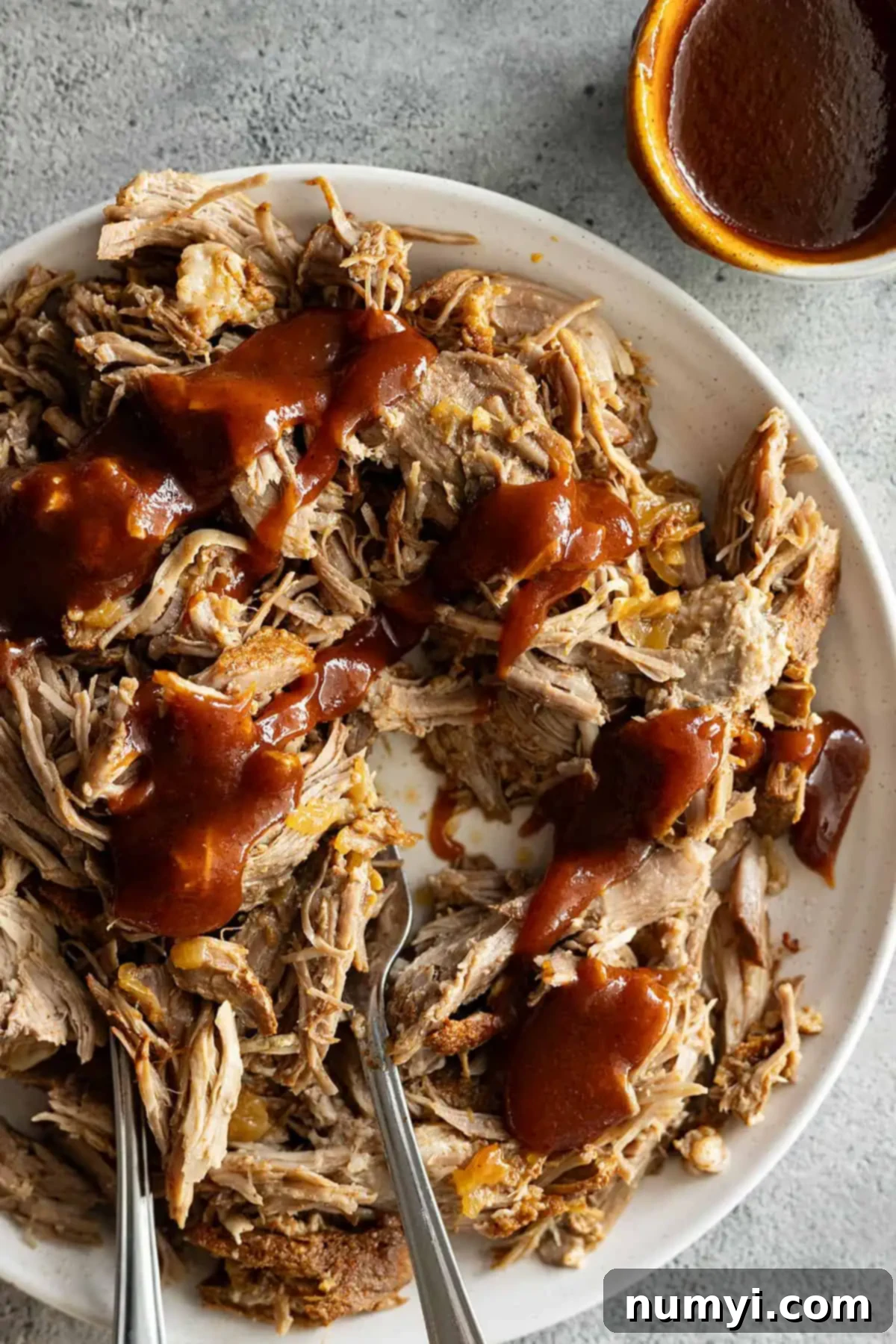 Overhead view of pork on a white plate drizzled with bbq sauce. 