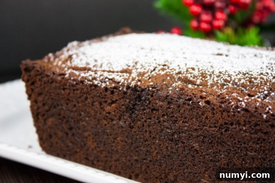 Spicy Gingerbread Loaf on a white platter, beautifully garnished with powdered sugar for a festive touch.