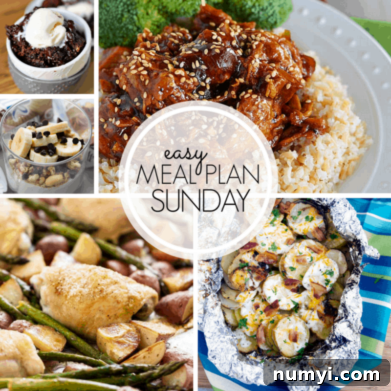 Delicious variety of meals for a weekly meal plan, including slow cooker dishes and desserts.