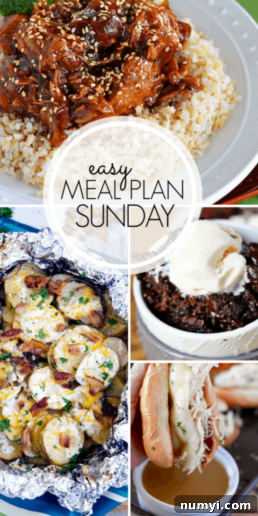 Weekly meal plan menu card with dinner, breakfast, and dessert options listed.