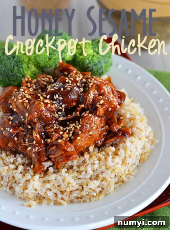 Juicy Honey Sesame Crockpot Chicken served over rice, garnished with green onions and sesame seeds.