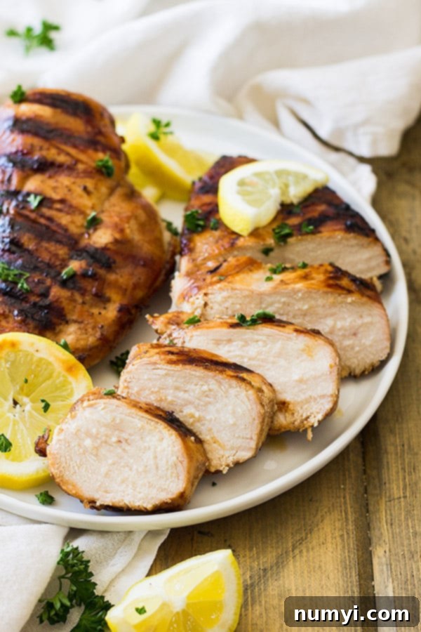 Chicken on white plate with lemon and fresh herbs