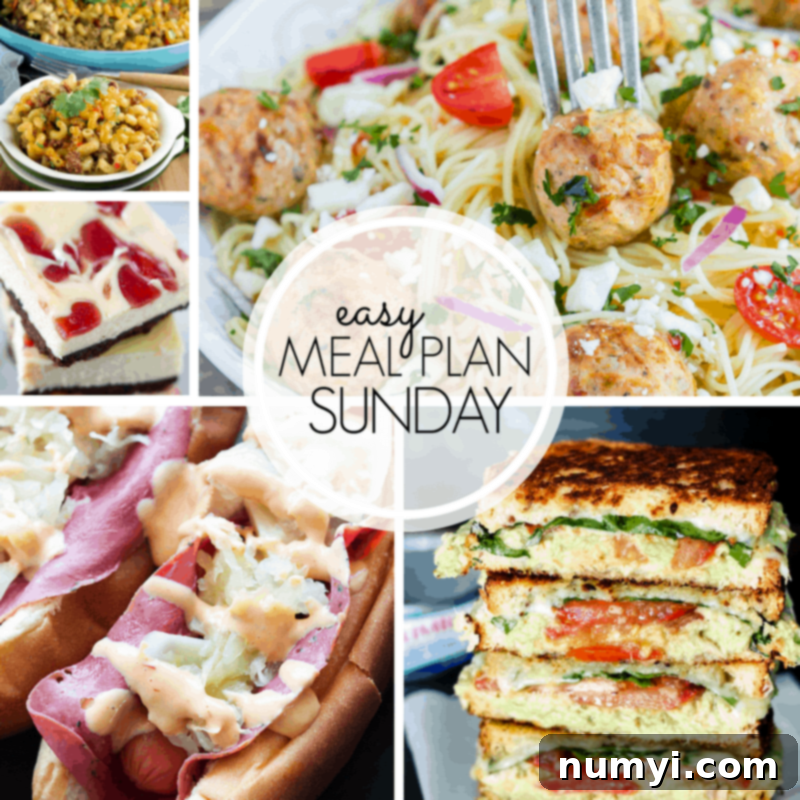 Easy Meal Plan Sunday overview with various delicious dishes including lasagna, tacos, chicken meatballs, hot dogs, stroganoff, quiche, tuna melt, and strawberry desserts.