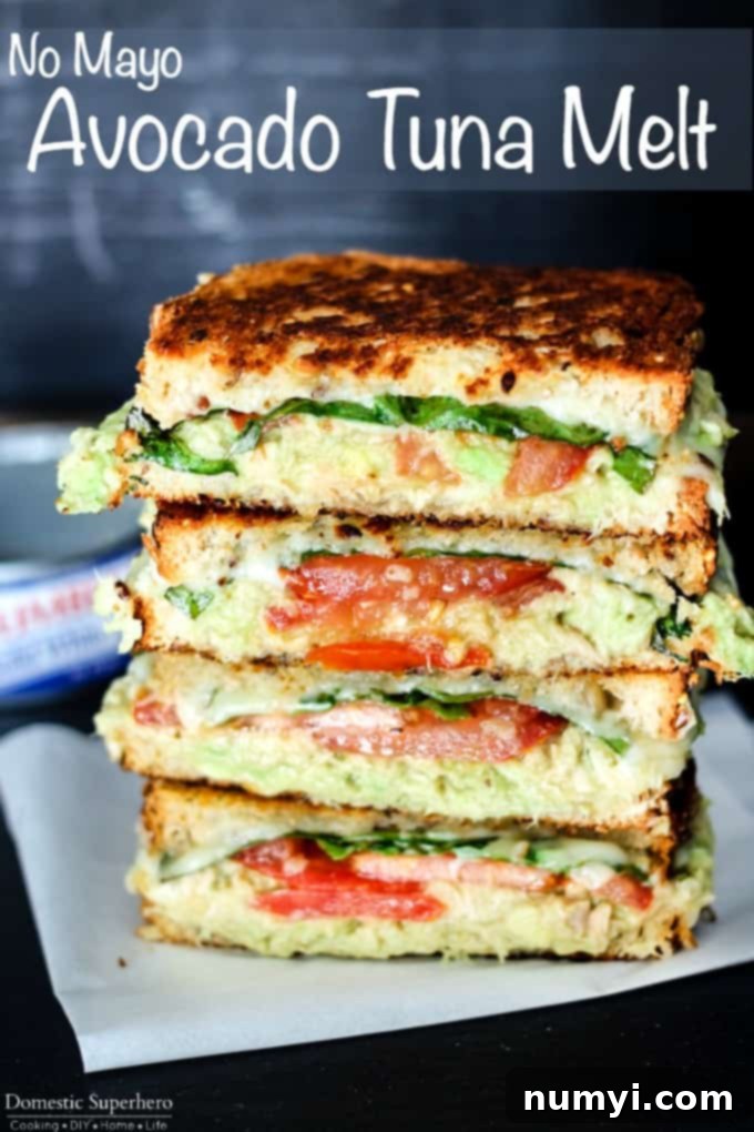 An open-faced Avocado Tuna Melt sandwich on a plate, showing melted cheese and avocado.