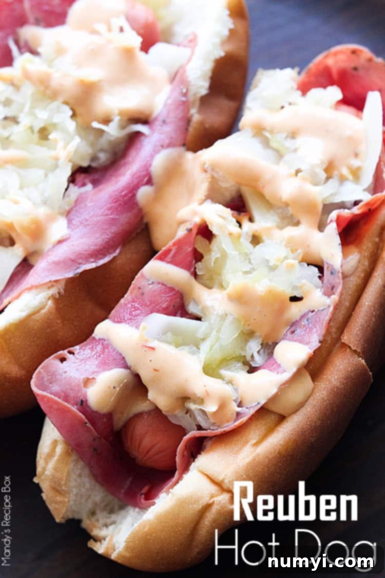 A creative Reuben Hot Dog with sauerkraut, Swiss cheese, and dressing in a bun.
