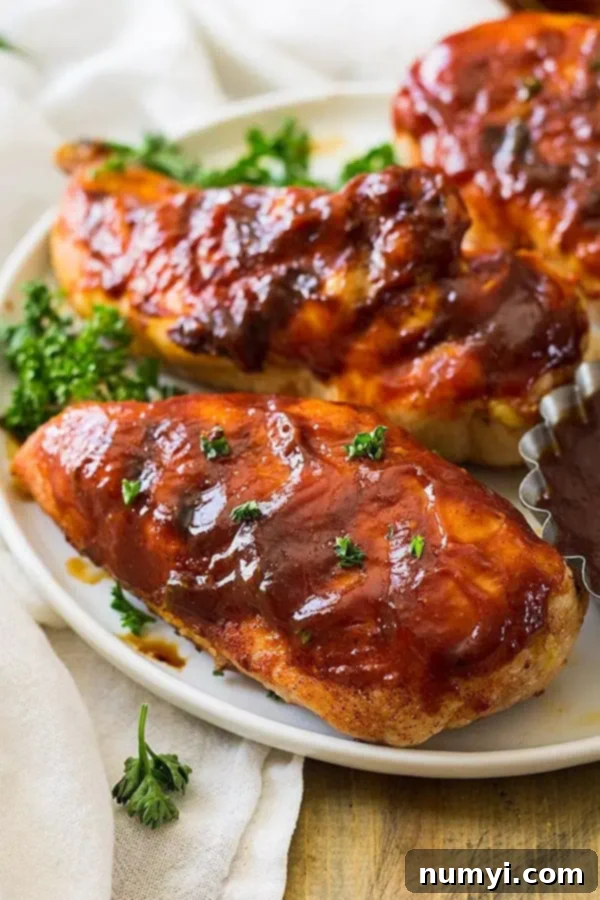 closeup: chicken breasts on a white plate with the best Kansas City BBQ sauce on top