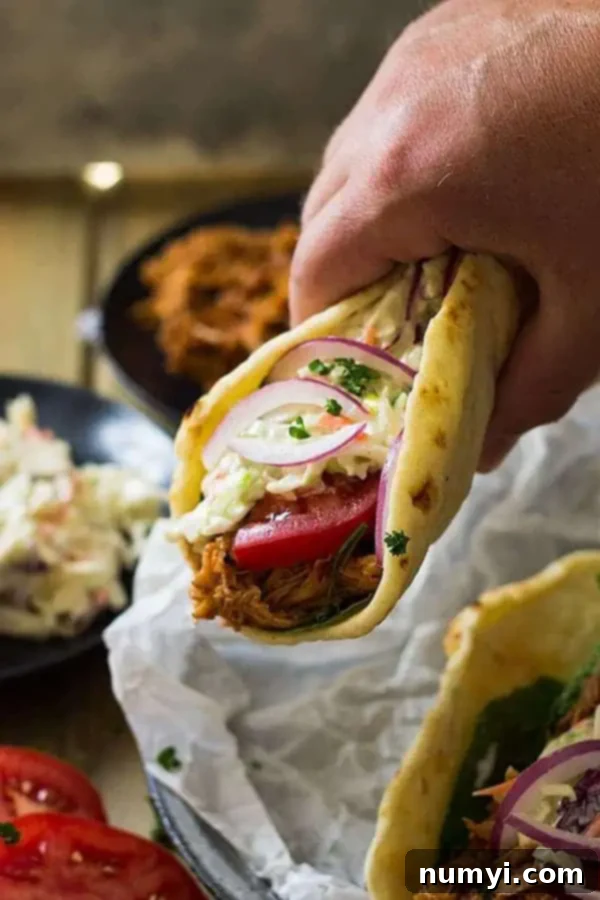 closeup: hand holding a bbq pulled pork gyro