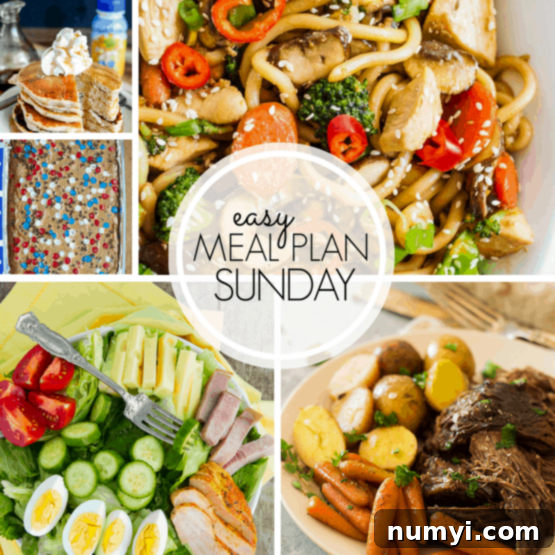 A beautifully presented collection of various delicious meals, including quiche, salad, noodle bowls, roasted chicken, meatballs, pancakes, pot roast, cookie bars, hot fudge cake, and hummus, arranged as a weekly meal plan.