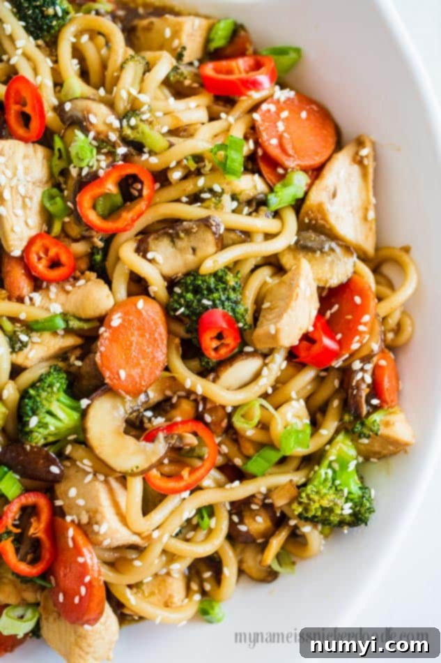 Colorful Chicken and Vegetable Noodle Bowl, packed with lean chicken, fresh veggies, and savory sauce, perfect for a quick and healthy dinner.