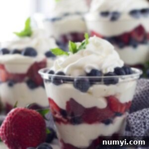 These Easy Berry Cheesecake Cups are a quick and simple dessert. They are perfect for the 4th of July or any party!