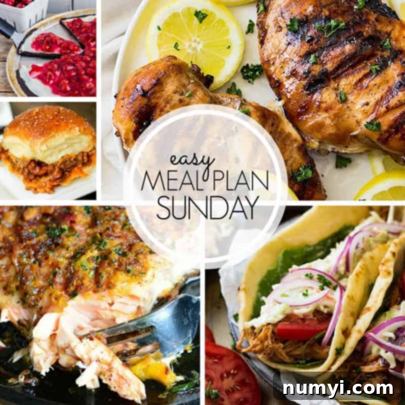 Easy Meal Plan Sunday banner showcasing a variety of vibrant and delicious dishes, including a main course, dessert, and breakfast item.