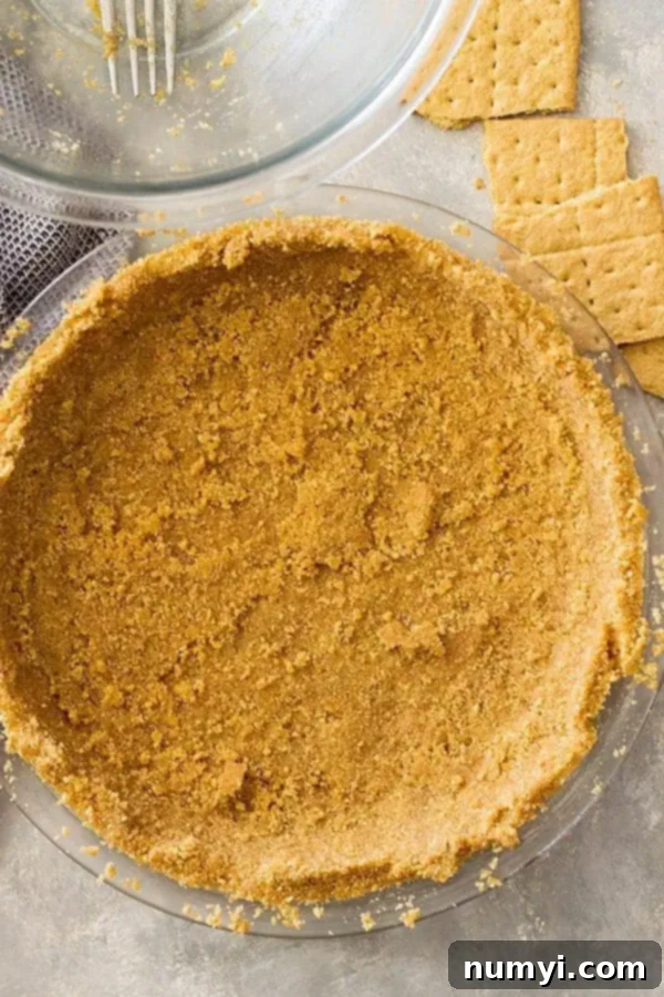 Perfect Homemade Graham Cracker Crust 9 overhead: graham cracker crust in pie pan before baking
