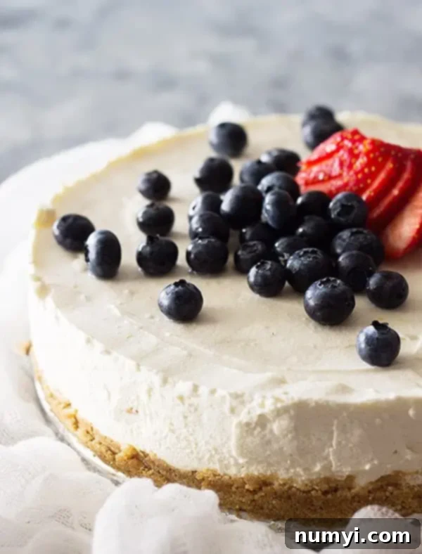 Creamy No-Bake Vanilla Cheesecake 3 A whipped cheesecake carefully removed from a springform pan, sitting on a towel.