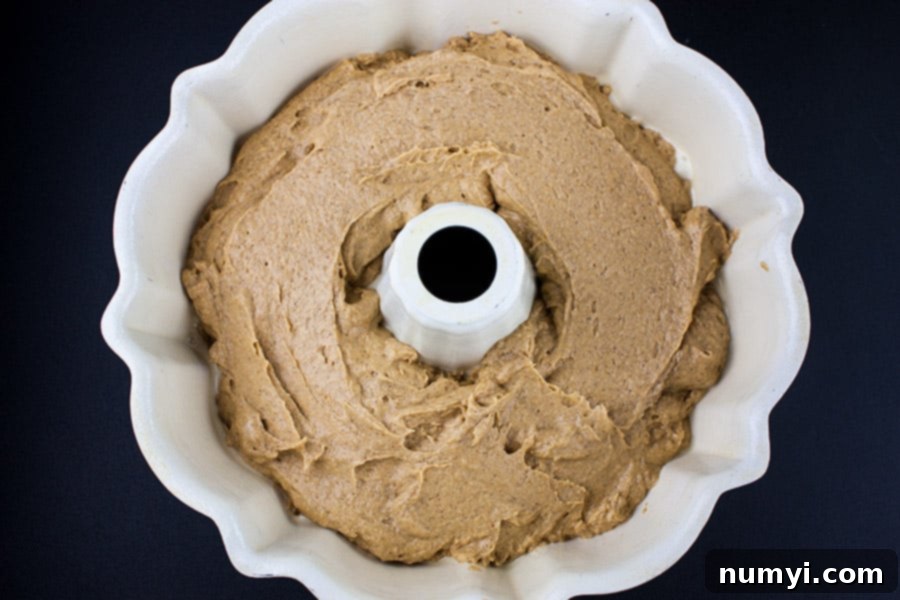 Cake batter in a bundt pan.
