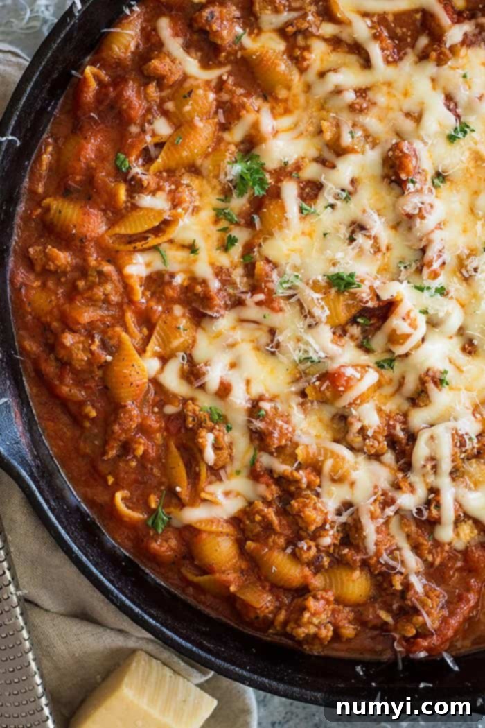 One-Pot Italian Sausage Pasta in a skillet, ready to serve.