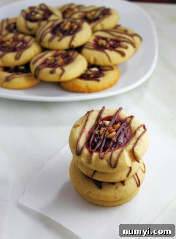 Close-up of golden Raspberry Thumbprint Cookies with a delicate chocolate drizzle and a scattering of chopped nuts, showcasing their perfect texture and vibrant jam centers, ready for a festive table.