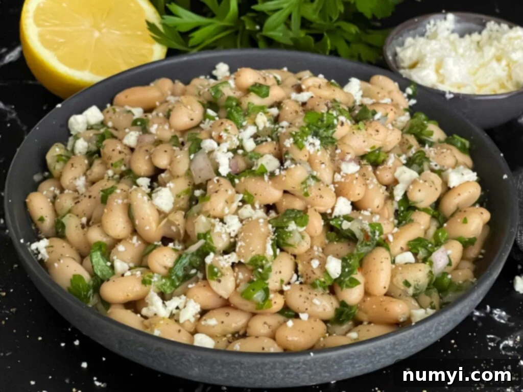 Vibrant Lemon White Bean Salad in a dark ceramic bowl, ready to be served.