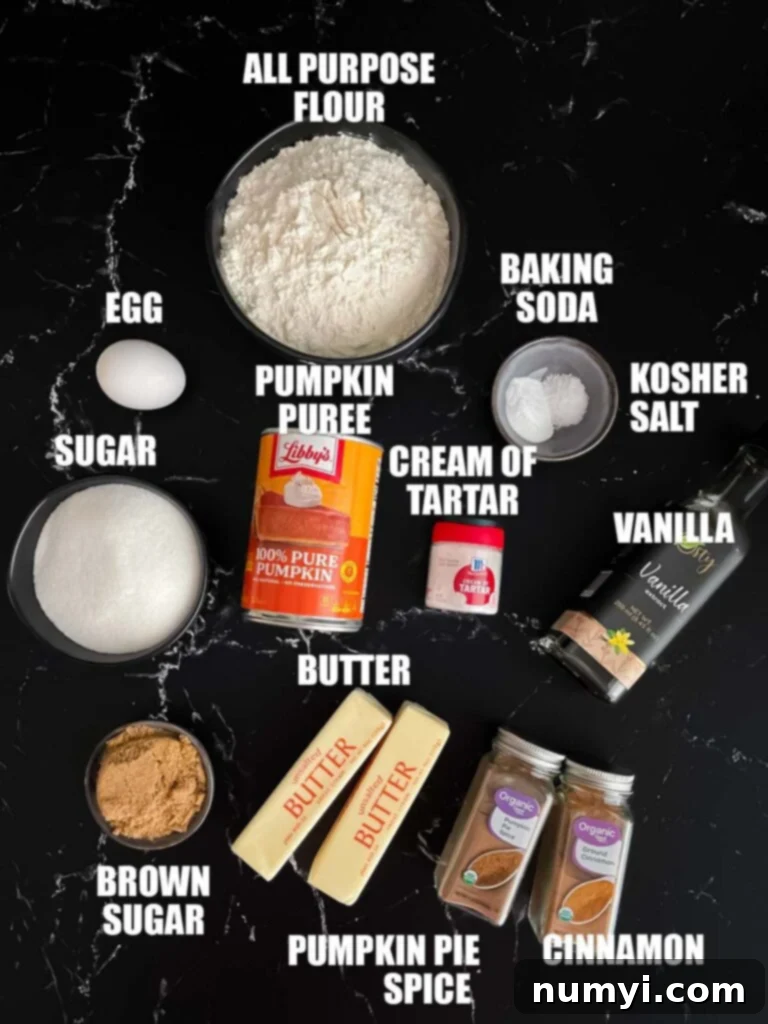 Various pumpkin snickerdoodles recipe ingredients neatly laid out on a dark textured surface, ready for baking.