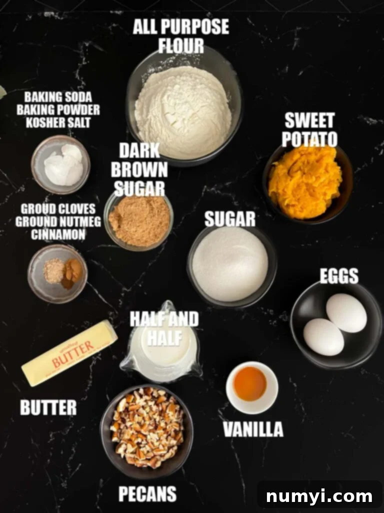 Sweet potato bread recipe ingredients on a dark surface, including flour, sugars, spices, and mashed sweet potato.