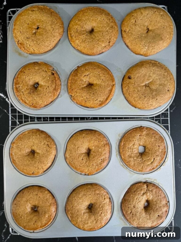 Spiced Apple Cider Baked Doughnuts 7 Baked apple cider donuts in a donut pan on a wire rack.