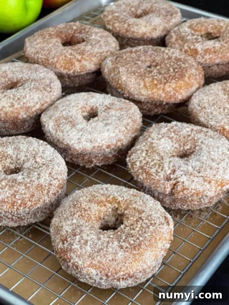 Spiced Apple Cider Baked Doughnuts 9 Baked apple cider donuts on a wire rack over a parchment paper lined baking pan.