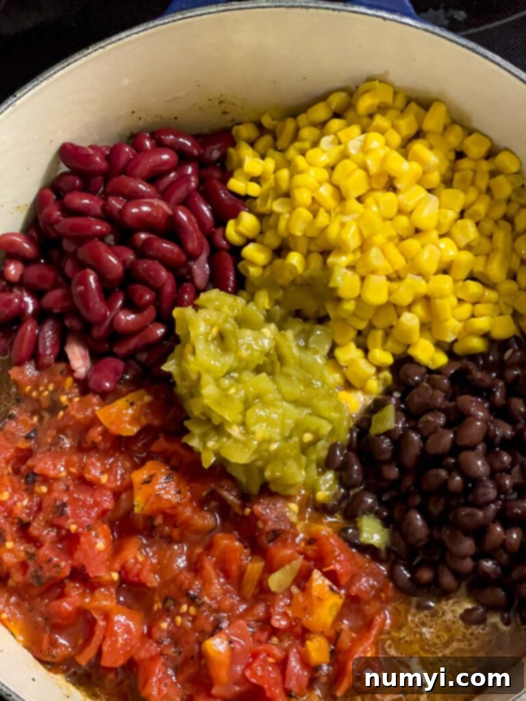 A variety of ingredients including tomatoes, corn, and beans added to a dutch oven.