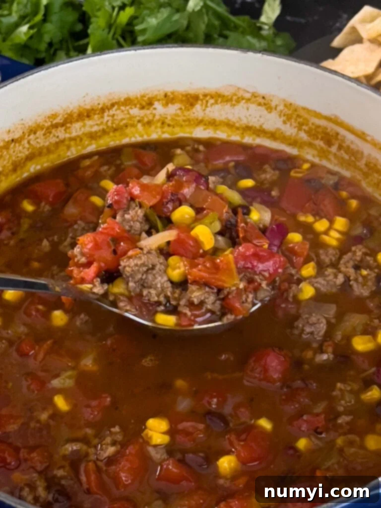 Close-up of finished taco soup in a dutch oven, ready to be served.
