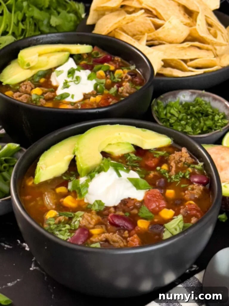 Two bowls of taco soup beautifully garnished with various toppings.