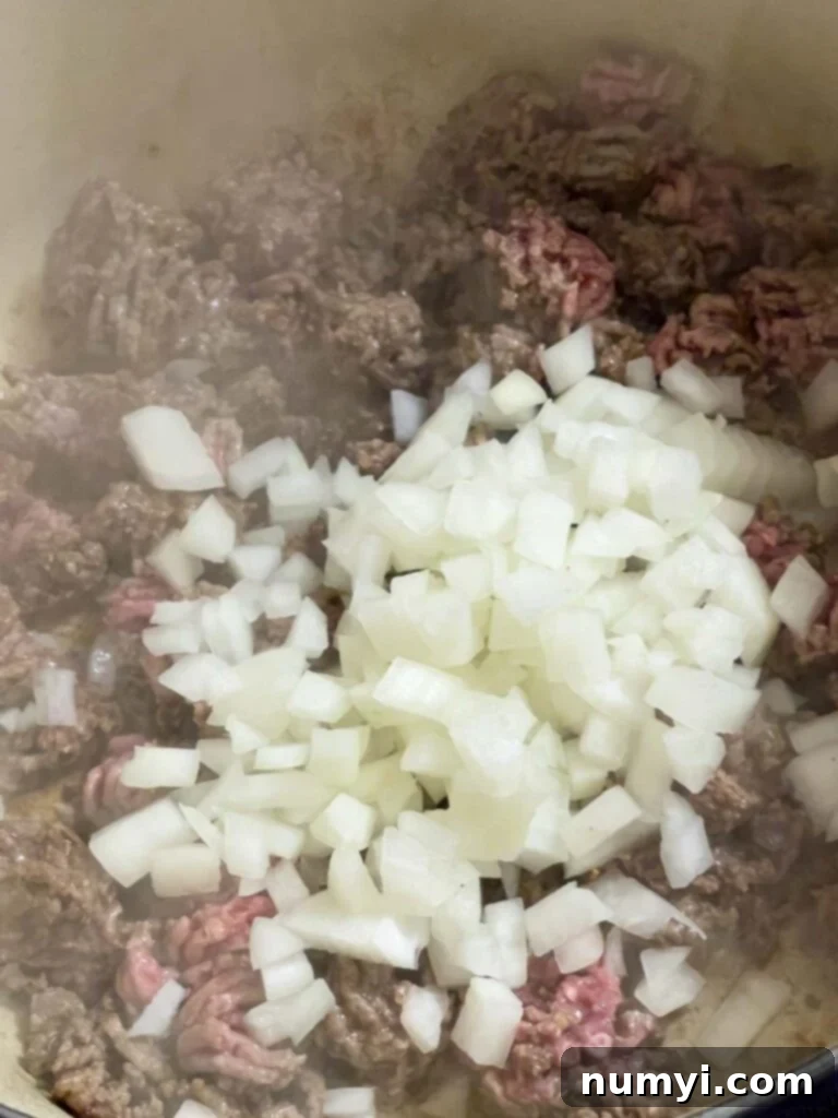 Diced onions being added to cooking ground beef.