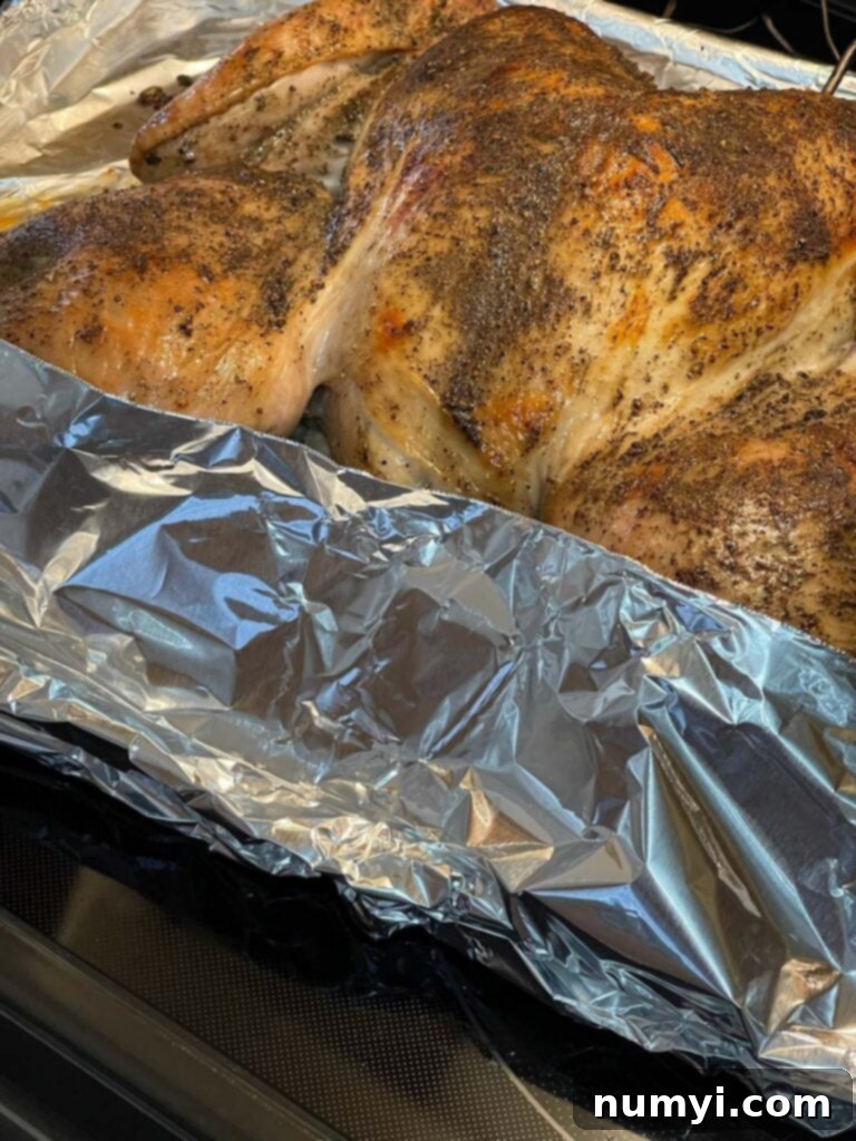 Turkey legs and exposed stuffing corners covered with foil to prevent over-browning while the rest cooks.