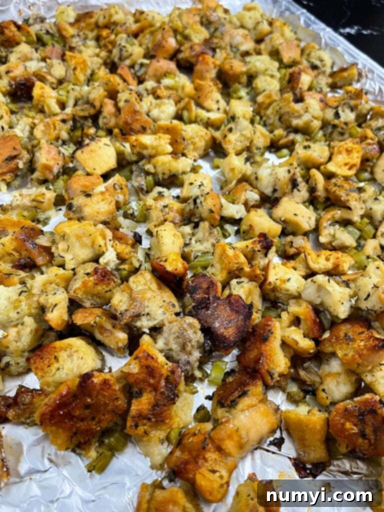 Beautifully crisped stuffing, featuring golden-brown edges and a rich aroma, perfected after its final oven bake.