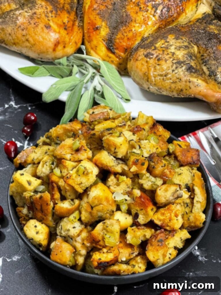 A dark, elegant bowl filled with savory stuffing, with a beautifully roasted spatchcock turkey gently blurred in the background.