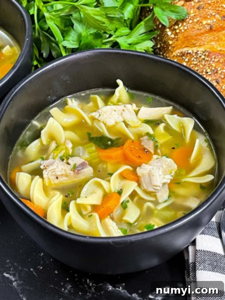 Turkish Noodle Soup 2 Homemade turkey noodle soup served in a dark bowl