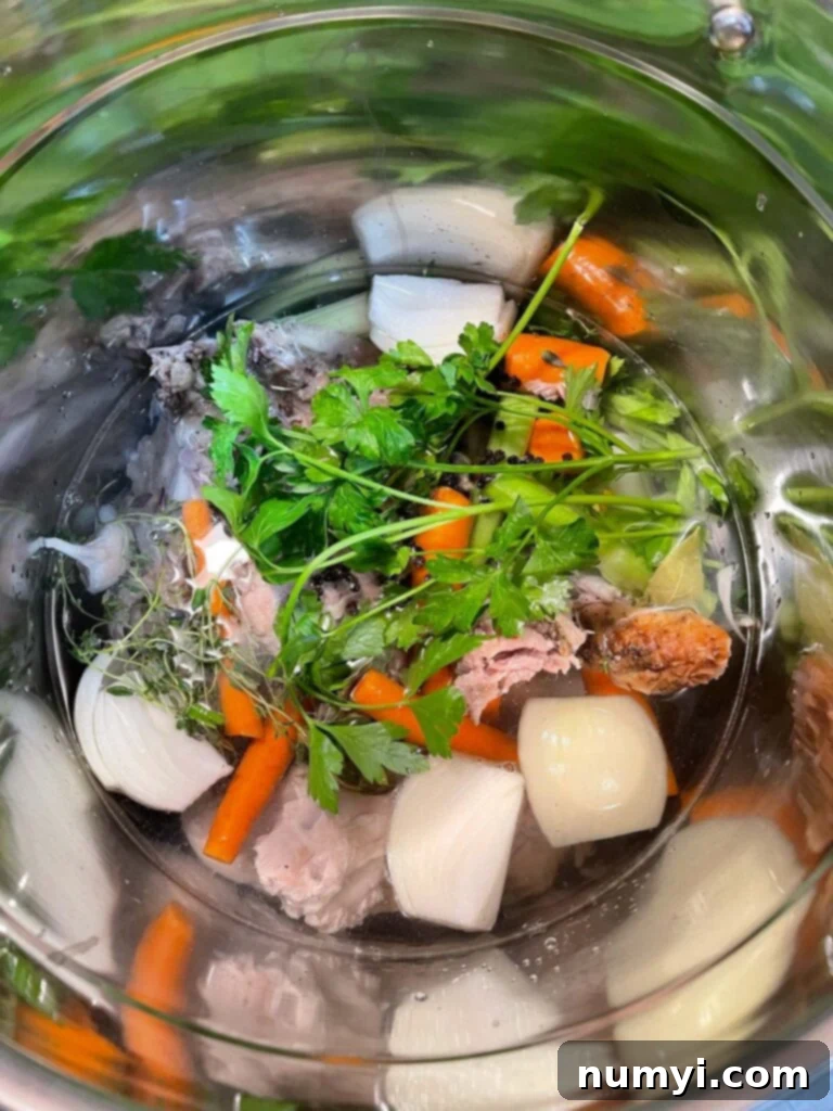 Turkish Noodle Soup 4 Turkey stock ingredients simmering in a large pot.